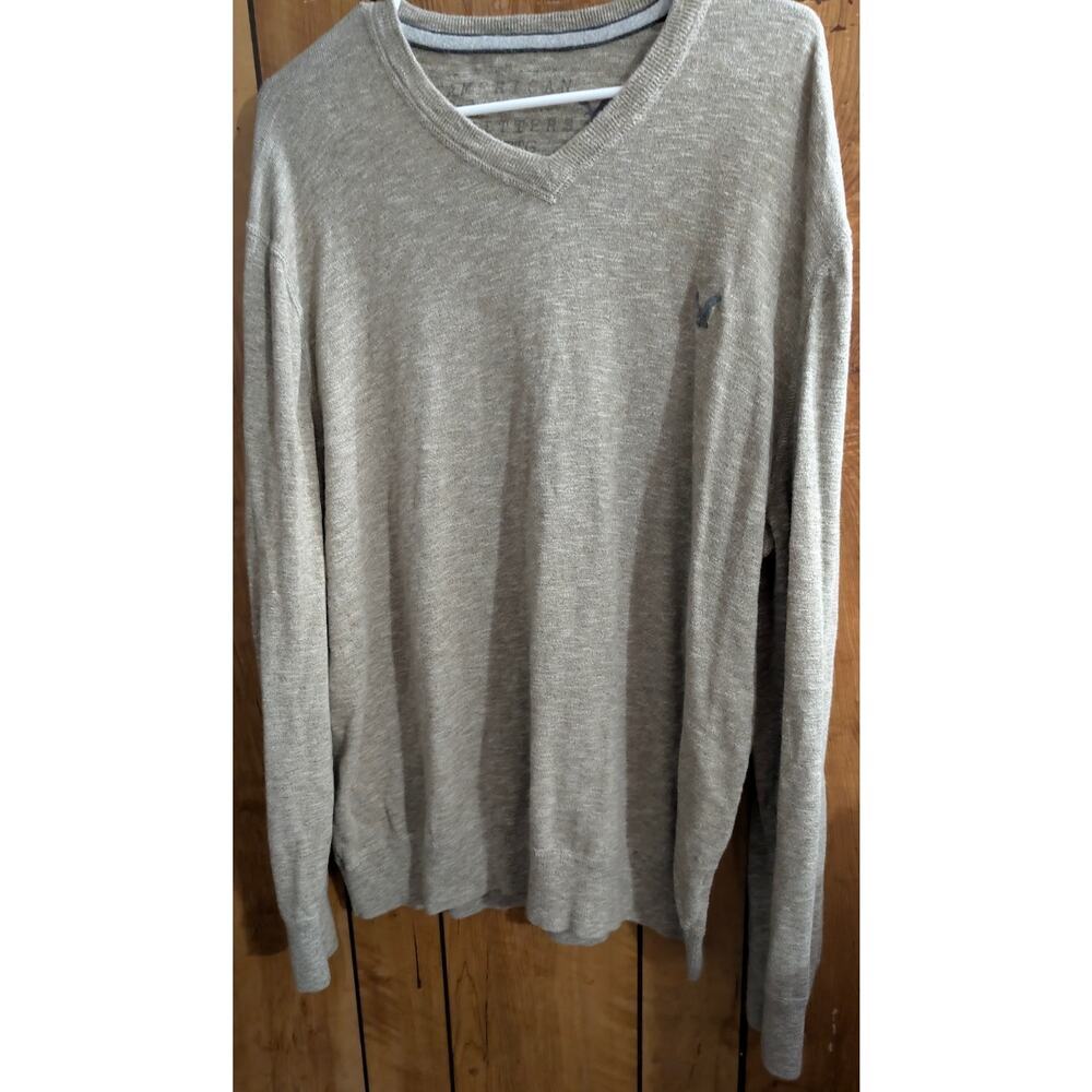 American Eagle Mens Sweater XXL Beige Cotton Logo V Neck Long Sleeves AEO